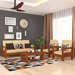 HANDWOOD FURNITURE Solid Wood 5 Seater Wooden Sofa Set for Living Room Furniture | 3+1+1 Fabric Sofa Set with Center Table | Sofa for Home & Office Furniture | Honey Finish with Cream Cushions-picture-5