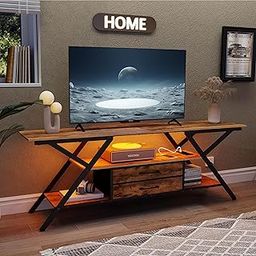 Simoretus Modern 55" TV Stand with Power Outlet for TV up to 65 Inch, LED and 2 Storage Fabric Drawers, Entertainment Center with Charging Station for Living Room Bedroom (Rustic Brown)-image-9