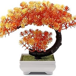SHOI LITTLE Artificial Bonsai Tree Fake Plants Desk Decor for Home Office Wall Book Shelf Decor with Pot (Orange)-image-65