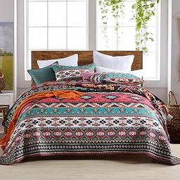 ENASAL Cotton Bedspread Quilt Sets Reversible Bedding Coverlet Sets Comforter Striped Red Brown Bohemian Bedspread,King Size-image-48