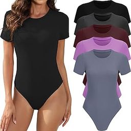 5 Pack Body Suits for Womens Short Sleeve Round Neck Casual Stretchy Basic T Shirt Bodysuit Tops-image-33