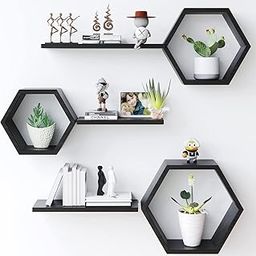 NW CRAFTS Wooden Attractive Hexagonal Shape Wall Hanging Rack Shelf Book Shelf | Plant Stand for Living Room Bedroom & Office Decoration (Black)-picture-20