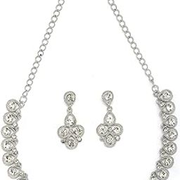 Beautiful Fashion Style Rhodium Silver Plated AD Diamond Studded Choker Necklace with Dangle Earring Jewellery Set for Women & Girls-image-27