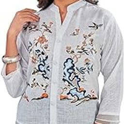 Women's Rayon Floral Embroidered Tunic Top with Mandarin Neck 3/4 Sleeve Extra Short Length and Button Closure-image-23