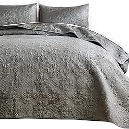 Indigo & Poppy Bedspreads Double Size 3-Pieces Soft Lightweight Vintage Flower Pattern Bedspread - Breathable Polyester Ultrasonic Quilting Technology Coverlet Set and Pillow Shams, Grey 228x243cm-image-58