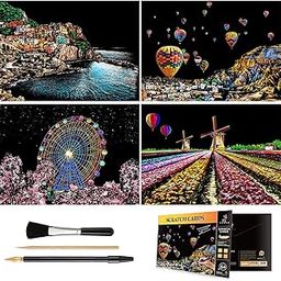 Rainbow Scratch Art Painting Paper (A4) for Adults & Kids, DIY Night View Scratchboard Set: 4 Sheets Scratch Cards & Clean Brush, Drawing Pen(Cinque Terre / Windmill / Ferris Wheel / Hot Air Balloon)-25