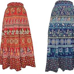 Printed Cotton Multi Color Wrap Around Long Skirts Combo of 2 (Assorted Colour Blue, Red, Free Size-picture-12