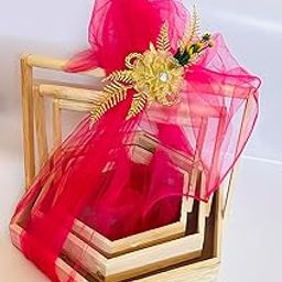 Vayu Art & Crafts Wooden Hexagonal Gift Hamper Basket, Festival gift hamper tray, Gift Packaging Basket, Pack/Combo Of 3, with Net & Flowers-12