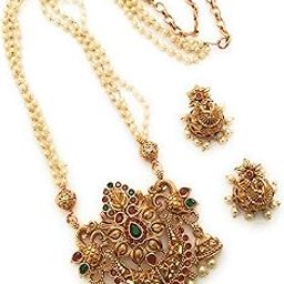 Traditional Gold Plated White Pearl Chain Pendant Necklace Jewellery Stone-Studded Set Stone Women & Girls-20 Inches-image-56
