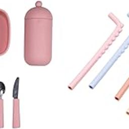 tudd On-The-Go Mealtime Set | Compact & Safe Travel Dining Kit | Pink with Sipper Straw Set | Reusable Silicone Bendy Straws for Kids with Brush | Safe & Easy Clean-image-77