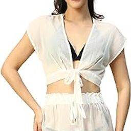 Women Solid V-Neck Short Sleeve Tie-Up Knot Detail Beachwear Crop Top-image-117