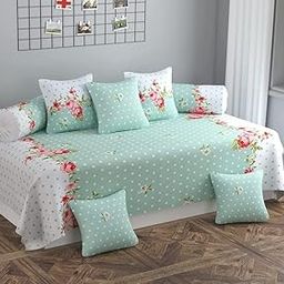 NEW LEAF DiwanSet for Living Room, DiwanSet Covers Glace Cotton, DiwanSet 8 Pieces (1 Single Bedsheet, 5 Cushion Covers, 2 Bolster Covers) (Color-White Pink & Green), Standard-image-3