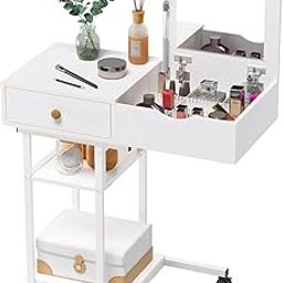 Elephance Moveable Vanity Desk with Mirror for Small Spaces, Makeup Dressing Table Computer Desk with Drawers and Shelves for Bedroom-image-18