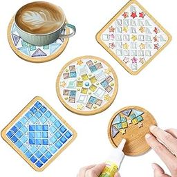4 Sets DIY Glass Mosaic Tiles for Crafts,Mixed Color Mosaic Kits with Wooden Coaster for Adults,Mosaic Crafts Materials Package for Coaster Handmade Home Decor Gifts-50