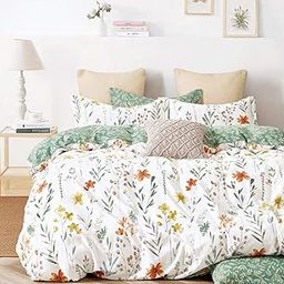 SLEEPBELLA Duvet Cover Queen, 600 Thread Count Cotton 3pcs Bedding Set Yellow Flowers and Green Branches Printed on White Reversible Comforter Cover-image-3