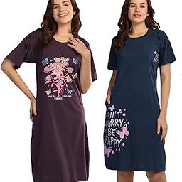 Combo Cotton Down Sholder Round Neck Printed Knee Length Nighty for Women(Pack of 2)-image-3