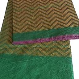 Traditional Handloom Cotton Saree with Chevron Pattern, Green and Gold Border, Purple Accents-6
