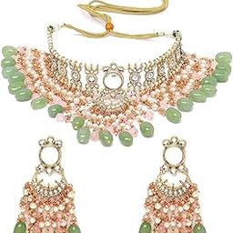 Gold Plated Pink and Lime Green Kundan Choker Bridal Jewellery Set for Women-image-38