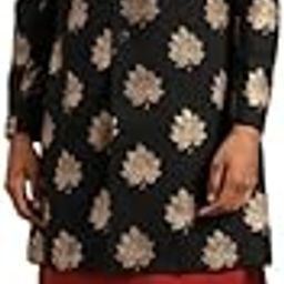Men's Indo-Western Kurta Sherwani Churidar Set, Black Cotton Blend, Foil Print Regular Fit Mandarin Collar Full Sleeves-image-93