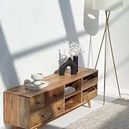 Mid-Century Modern TV Stand – Solid Mango Wood Entertainment Center with Storage Drawers, Natural Finish Media Console for Living Room-image-27