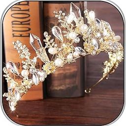Baroque Crown and Tiara Gold Crystal Pearl Bride Wedding Queen Crowns Decorative Princess Tiaras Rhinestone Hair Accessories for Women and Girls (A)-image-42