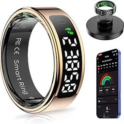 AMOVAN Smart Ring with Display Screen Health Tracker and Touch Button, Bluetooth Connection Vital Health Ring Tracks Heart Rate/Blood Oxygen/Sleep/Sports Activities, IP68 Waterproof (Gold, 12#)-image-11