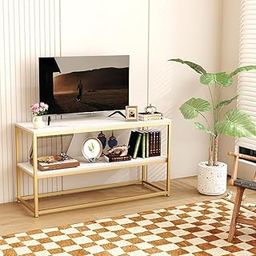 MTANK Marble Home TV Stand| Premium 3 Tier Stand for Living Room| Mutiple Use TV Stand Side Table Console Table for Bedroom livingroom| (Engineered Wood Top with Steel Base) (White, Gold Finish)|-0