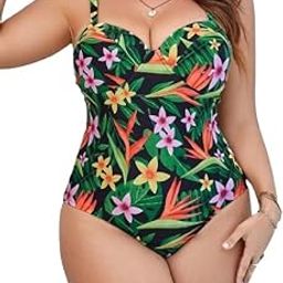 Plus Tropical Print Push Up One Piece Swimsuit New Green - XL - 8XL-image-67