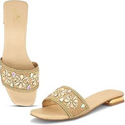 Women Flat Slippers with Floral Crystal Embellishments-14