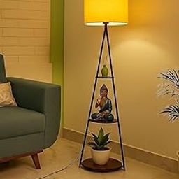 Modern Floor Lamp with Storage Shelves, 127 cm Tripod Stand, Beige Jute Shade, Art Deco Style for Living Room- Metal Floor Lamp with 3 Shelves (Brown Jute). LED Bulb Included. (Yellow)-7