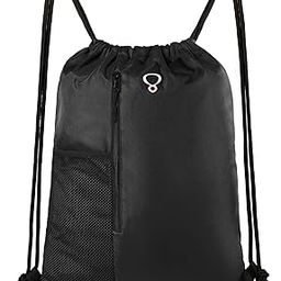 Drawstring-Gym-Bag for Men&Women Black Sport String Backpack With Water Bottle Mesh Pockets&Front Zippered Pocket-picture-1
