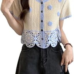 Women's Boho Knitted V-Neck Crochet Hollow Out Short-Sleeve Button Up Crop Top Shirt Dn72022-image-2