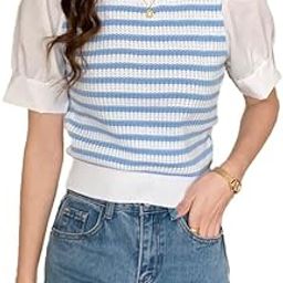 Women's Stretchable Knitted Puff Sleeve Stripe Crop Top T-Shirt (One Size 28-34 Inch Bust) 698-image-5