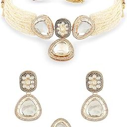 Gold Tone Dazzling Stones & Austrian Diamonds Choker Necklace Earring & Ring Set For Women-ZPFK16768-55