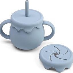 Mom's Aura 2-in-1 Silicone Baby Cups with Straw and Lid for Snacks, 8.5 oz Spill-Proof Sippy Cups, Training Cup for Toddlers Ages (Blue.)-picture-23