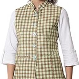 Women's Cotton-Blended Handloom Quality Indian Traditional Nehru Jacket/Waistcoat (_Green-Clock Check_)-picture-33