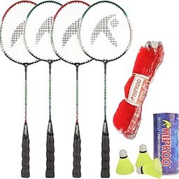 Hipkoo Sports Toofani Aluminum Badminton Complete Racquets Set | 4 Wide Body Rackets with Cover, 3 Shuttlecocks and Net | Ideal for Beginner | Lightweight & Sturdy (Multicolour, Set of 4)-0