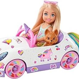 Barbie Club Chelsea™ Doll (6-inch Blonde) with Open-Top Rainbow Unicorn-Themed Car, Pet Puppy, Sticker Sheet & Accessories, Gift for Ages 3 and up-6
