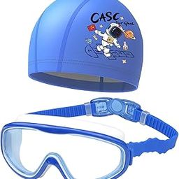 NHCDFA 2PCS Swimming Goggles for Kids 6-14 Kit, Swimming Glasses for Kids, Swim Goggles and Swim Hat Child Astronaut Cute Swimming Kit Cartoon Blue Silicone Waterproof Hat Anti Fog Swim Glasses-image-3