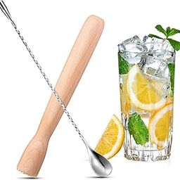 Wooden Cocktail Muddler Drinks Muddler Bar Muddler and 12 Inches Spiral Mixing Spoon Stainless Steel Shaker Spiral Spoon for Making Cocktails Drinks Juice (SET OF 2)-image-0