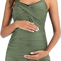 Maternity One Piece Swimwear Retro Halter Swimsuits with Boyleg Pregnancy Bathing Suits Boyshort, Army Green, Large-image-44