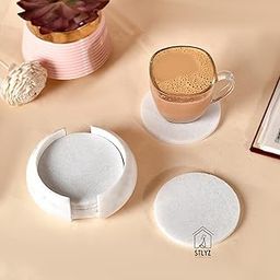 STLYZ White Marble Stone Coasters Set of 6 for Tea Coffee Cocktail Real Solid Marble Coasters with Stand Table Coasters with Holder Set of 6 (Coaster with Marble Stand)-image-1
