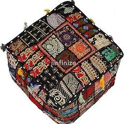 iinfinize Furniture Pouf Cotton Patchwork Pouffy Solid Home Wedding & Festive Party Event Decoration Pouf Cotton Floral Embroidered Decorative Ottoman Pouf Square 16 Inch (Style 4)-image-2