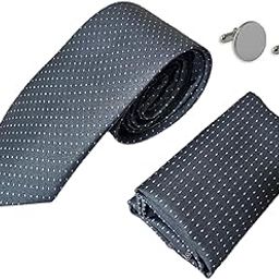 Grey Pindot Italian Silk Tie, Pocket Square & Matching Cufflink Gift Set for Men – 2.75" Slim Necktie, 10x10 Handkerchief, Brass Cufflinks – Elegant Formal Accessories in Wooden Gift Box-image-129