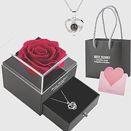 SHOPZILLA Valentines Day Preserved Real Rose with Heart Shaped Necklace in 100 Languages says I Love You, Eternal Flowers Rose Gifts for Women Mom Wife Girlfriend on Anniversary Day Birthday-image-79