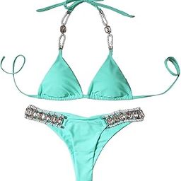 CALANDIS™ Women Rhinestone Swimsuit Bra Thong Bikini Set Bathing Suit Swimwear Green M | Swimwear | Womens Clothing-picture-41