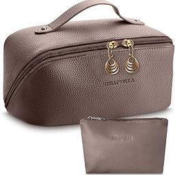 Leather Makeup Bag for Women - Large Capacity Waterproof Makeup Pouches for Women, Cosmetic Makeup Pouch - Wide Opening Zipper Cosmetic Pouch - Travel Makeup Organizer Kit (Taupe)-image-24
