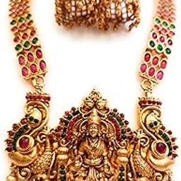 Traditional Peacock Lakshmi PendantChoker With Ruby & Emerald Beaded Antique Design South Indian Wedding Jewellery Necklace With Earrings Jewellery Set For Women-image-3