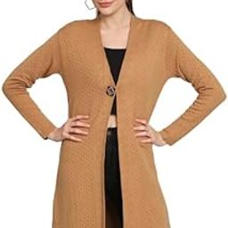 Women Self Design Woollen One Button Open Front Longline Shrug.-5