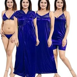 || Women's Satin Relaxed Nightwear Set of 6 Pcs Wrap Gown, Nighty, Top, Shorts, Bra and Panty(6 P Shorts) Latest-image-78